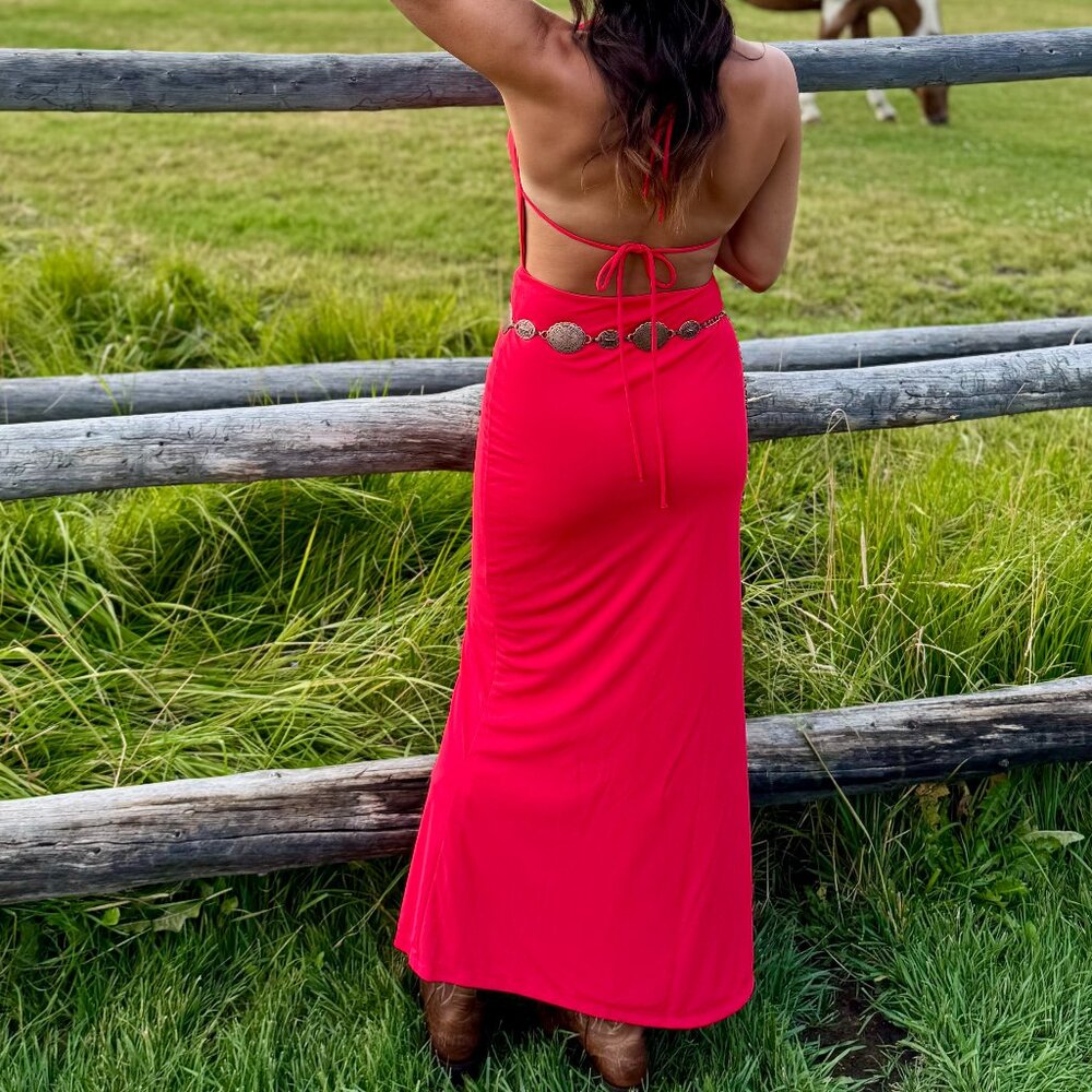 RED ZARA DRAPED HALTER MAXI DRESS SMALL - Picture 3 of 8
